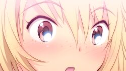  blonde_hair blush brown_eyes close-up commentary_request female freckles hair_down idolmaster idolmaster_dearly_stars open_mouth portrait riyo_(riyontoko) short_hair solo suzuki_ayane 