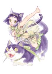  animal_ears black_hair blunt_bangs breasts cat_ears cat_tail cleavage commentary_request fangs feline female green_eyes kneehighs medium_breasts na222222 original see-through short_hair slit_pupils socks striped_clothes striped_thighhighs tail thighhighs 