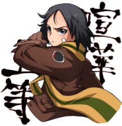  bandaid bandaid_on_face black_eyes black_hair brave_witches commentary_request female gloves kanno_naoe military military_uniform scarf solo striped_clothes striped_scarf tabigarasu uniform world_witches_series 