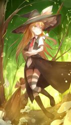  alternate_costume black_shorts blonde_hair blush boots broom commentary_request female forest fred04142 hat kirisame_marisa lights long_hair mushroom nature necktie overskirt shirt shorts smile solo striped_clothes striped_thighhighs thighhighs touhou vest witch witch_hat yellow_eyes 