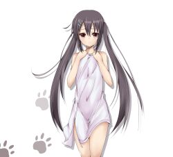  black_hair blush commentary_request female flat_chest hair_ornament hairclip k-on! long_hair looking_at_viewer nakano_azusa paw_print solo thighs towel twintails very_long_hair yuki_(sangeki5806) 