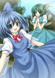  2girls ascot blue_dress blue_eyes blue_hair blue_sky blush bow cirno commentary_request daiyousei day dress green_eyes green_hair hair_ribbon hairbow hands_on_own_chest highres multiple_girls open_mouth ribbon side_ponytail sky smile suzuki_nene touhou tree wings 