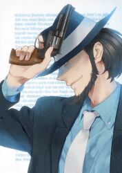  1boy bad_id bad_pixiv_id beard black_hair facial_hair formal gun hat jigen_daisuke lupin_iii male_focus necktie profile shin&#039;ya_(midnight_rain) smile solo suit weapon 