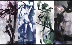  4girls bikini bikini_top_only black_gold_saw black_hair black_rock_shooter black_rock_shooter_(character) black_shorts blue_eyes boots commentary_request dead_master flaming_eye glowing glowing_eyes green_eyes highres hood horns king_saw long_hair mechanical_arms midriff multiple_girls navel no_shirt pale_skin scar shorts single_mechanical_arm skull strength_(black_rock_shooter) swimsuit sword takka_(aegis9294) weapon white_hair wings yellow_eyes 