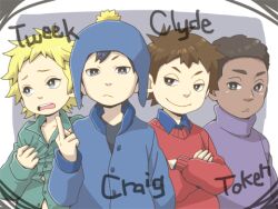  black_eyes black_hair blonde_hair blue_eyes brown_eyes brown_hair character_name clyde_donovan craig_tucker crossed_arms dark_skin earflap_hat hat hat_pompom jacket lowres middle_finger south_park token_black turtleneck tweek_tweak 