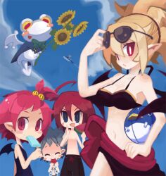  2boys 3girls adell_(disgaea) ball beachball bikini blonde_hair blue_eyes breasts bright_pupils cleavage closed_eyes cloud commentary_request day demon_boy demon_girl disgaea eyewear_on_head flower food frog fruit green_hair hanako_(disgaea) kazamine_(stecca) large_breasts makai_senki_disgaea_2 multiple_boys multiple_girls navel original pink_hair pleinair pointy_ears popsicle prinny purple_sarong red_eyes red_hair rozalin same-san sarong sky slit_pupils stuffed_animal stuffed_shark stuffed_toy summer sunflower sunglasses swimsuit taro_(disgaea) tink_(disgaea) watermelon wings 