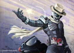  1boy belt commentary_request fedora hat kamen_rider kamen_rider_skull kamen_rider_w kongcool lost_driver male_focus motor_vehicle motorcycle photoshop_(medium) scarf solo 