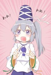  blue_eyes blush commentary_request female grey_eyes hat japanese_clothes kairakuen_umenoka kariginu mononobe_no_futo open_mouth ribbon solo tate_eboshi touhou translation_request wide_sleeves 