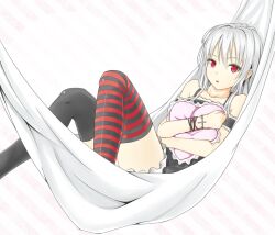  :o albino arm_garter asymmetrical_legwear bad_id bad_pixiv_id black_legwear bracelet female hammock heart heart-shaped_pillow heisei_yutorin hugging_object jewelry long_hair looking_at_viewer mismatched_legwear original pillow pillow_hug red_eyes solo striped_clothes striped_thighhighs thighhighs white_hair 