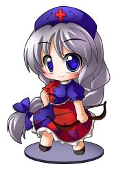  bad_id bad_pixiv_id blue_eyes blush bow_(weapon) braid chibi faux_figurine female grey_hair hair_ribbon hand_on_own_hip hat high-waist_skirt long_hair long_skirt multicolored_clothes multicolored_skirt nurse_cap ribbon shinjitsu shirt simple_background skirt skirt_set smile solo standing touhou very_long_hair weapon white_background yagokoro_eirin 