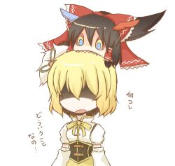  2girls alice_margatroid black_hair blonde_hair bow charlotte_(madoka_magica) charlotte_(madoka_magica)_(cosplay) commentary_request cosplay hair_ornament hair_tubes hairbow hakurei_reimu head_wings ico_(engawa_roman) lowres mahou_shoujo_madoka_magica mahou_shoujo_madoka_magica_(anime) mami_mogu_mogu multiple_girls sharp_teeth short_hair simple_background teeth tomoe_mami tomoe_mami_(cosplay) tomoe_mami_(magical_girl) touhou translated wings yukkuri_shiteitte_ne 