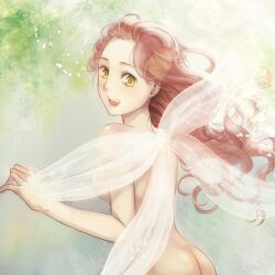  ass back bad_id bad_pixiv_id breasts brown_hair fairy fairy_wings female green_eyes happy highres long_hair looking_back nude open_mouth original photoshop_(medium) sideboob small_breasts smile solo wavy_hair wings wooga 