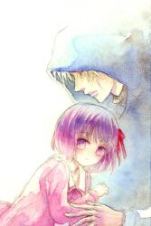  1boy aged_down bad_id bad_pixiv_id fate/zero fate_(series) female hair_ribbon hood hoodie lolicon matou_kariya matou_sakura norino_moto painting_(medium) purple_eyes purple_hair ribbon short_hair traditional_media uncle_and_niece watercolor_(medium) white_hair 