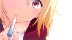  applying_makeup blonde_hair blush brown_eyes close-up commentary_request cosmetics female freckles idolmaster idolmaster_dearly_stars lipstick lipstick_tube makeup open_mouth riyo_(riyontoko) solo suzuki_ayane 