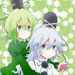  2girls blush commentary_request dress green_dress green_eyes green_hair grey_eyes grey_hair hat japanese_clothes lowres mononobe_no_futo multiple_girls open_mouth ponytail shiroi_hakuto short_hair smile soga_no_tojiko tate_eboshi touhou 