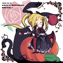  birthday blazblue blonde_hair bow character_name closed_eyes commentary_request creature cup dated dress drinking feline female flower frills frog full_body george_xiii gii hair_ribbon happy_birthday jack-o&#039;-lantern long_hair nago pink_flower pink_rose plate pumpkin rachel_alucard ribbon rose teacup twintails uzukinoko wings 