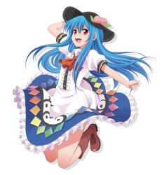  :d blue_hair boots commentary_request dress female food fruit hand_on_headwear hat hinanawi_tenshi jumping long_hair open_mouth peach red_eyes shimouki_izui smile solo touhou 