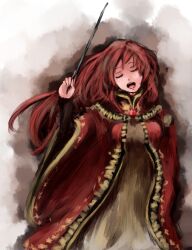  breasts cape closed_eyes commentary_request female kogemeshi large_breasts long_hair maou_(maoyuu) maoyuu_maou_yuusha red_hair solo wand 