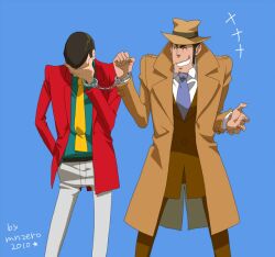  1970s_(style) 2boys arsene_lupin_iii bad_deviantart_id bad_id blue_necktie closed_eyes coat cuffs facepalm fedora formal grin handcuffs hat jacket lupin_iii male_focus multiple_boys necktie red_jacket retro_artstyle shin&#039;ya_(midnight_rain) sideburns simple_background smile suit trench_coat yellow_necktie zenigata_kouichi 