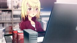  blonde_hair brown_eyes coca-cola commentary_request computer female freckles hair_down idolmaster idolmaster_dearly_stars jacket laptop messy open_mouth riyo_(riyontoko) short_hair solo suzuki_ayane track_jacket 