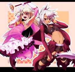  2girls blonde_hair chloe_von_einzbern commentary_request dekapoi fate/kaleid_liner_prisma_illya fate_(series) feather_hair_ornament feathers hair_ornament highres holding holding_sword holding_wand holding_weapon illyasviel_von_einzbern kaleidostick kanshou_&amp;_bakuya_(fate) long_hair magical_girl midriff multiple_girls navel prisma_illya red_eyes sword thighhighs wand weapon white_hair yin_yang 