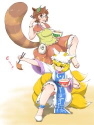  2girls aburaage alcohol animal_ears blonde_hair bloomers blush brown_eyes brown_hair chopsticks commentary cup_ramen dress feet flip-flops food fox_tail full_body futatsuiwa_mamizou glasses hat highres instant_soba instant_udon leaf leaf_on_head maruchan_akai_kitsune_udon maruchan_midori_no_tanuki_tensoba multiple_girls multiple_tails nishishi noodles on_one_knee open_mouth pince-nez plump raccoon_ears raccoon_girl raccoon_tail sake sandals slippers smile soba tail toes touhou translated udon underwear yakumo_ran yellow_eyes 