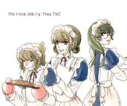  3girls big_sister_maid_(maoyuu) clipboard closed_eyes clothes_pin commentary_request english_text engrish_text food freckles glasses green_hair headmaid_(maoyuu) maid maid_headdress maid_imouto_(maoyuu) maoyuu_maou_yuusha multiple_girls oven_mitts pandayagi paper pie plate ranguage siblings sisters smile 