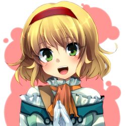  :d ascot bad_id bad_pixiv_id blonde_hair blush female gloves green_eyes hairband head_tilt marimo_danshaku natalia_luzu_kimlasca_lanvaldear necktie open_mouth orange_ascot own_hands_together short_hair smile solo tales_of_(series) tales_of_the_abyss upper_body white_gloves 