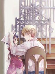  1boy bandana bankawa black_hair blonde_hair chair claude_claudel commentary_request female ikoku_meiro_no_croisee japanese_clothes kimono short_hair yune_(ikoku_meiro_no_croisee) 