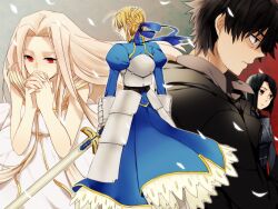  2boys 2girls ahoge armor armored_dress artoria_pendragon_(fate) bad_id bad_pixiv_id black_hair blonde_hair cigarette dress emiya_kiritsugu excalibur_(fate/stay_night) fate/zero fate_(series) gauntlets green_eyes hair_ribbon hisau_maiya irisviel_von_einzbern irisviel_von_einzbern_(angel&#039;s_song) long_hair multiple_boys multiple_girls ponytail red_eyes ribbon saber_(fate) short_hair subaru_(hz) sword weapon 