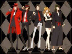  4boys alternate_color arsene_lupin_iii bad_id bad_pixiv_id black_hair black_jacket brown_hair closed_eyes coat dress fedora formal grin hat ishikawa_goemon_xiii jacket japanese_clothes jigen_daisuke long_hair looking_at_viewer lupin_iii mine_fujiko multiple_boys necktie one_eye_closed open_mouth red_necktie shin&#039;ya_(midnight_rain) short_hair sideburns simple_background smile suit teeth trench_coat white_necktie zenigata_kouichi 