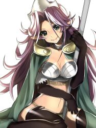  angela_(seiken_densetsu_3) armor bad_id bad_pixiv_id black_thighhighs blue_eyes blush breasts cape cleavage elbow_gloves female gloves hat large_breasts legs long_hair looking_at_viewer magus_(seiken_densetsu_3) navel pointy_ears purple_hair seiken_densetsu seiken_densetsu_3 simple_background sitting smile solo spread_legs staff thighhighs thighs wariza weapon yui_tooru 