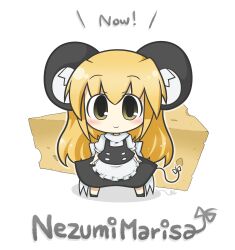  animal_ears apron bad_id bad_pixiv_id black_dress blonde_hair blush bow buttons character_name cheese chibi dress female food highres kemonomimi_mode kirisame_marisa light_smile long_hair looking_at_viewer mini_person minigirl mouse_ears mouse_marisa_(yuasan) mouse_tail no_headwear shirt simple_background solo standing tail tail_bow tail_ornament touhou white_background yellow_eyes yuasan 