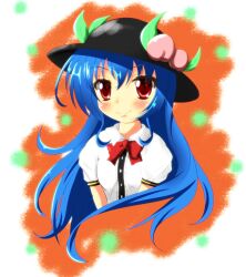  bad_id bad_pixiv_id blue_hair female food fruit hat hinanawi_tenshi long_hair mayuzumi_makiha peach red_eyes solo touhou 