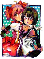  2girls :o ahoge akemi_homura akemi_homura_(magical_girl) arm_grab black_hair blush braid colored_pencil_(medium) commentary_request eyelashes glasses gloves graphite_(medium) hair_ribbon highres hug kaname_madoka kaname_madoka_(magical_girl) long_hair magical_girl mahou_shoujo_madoka_magica mahou_shoujo_madoka_magica_(anime) mixed_media multiple_girls nobita_(makoto7060355) o3o one_eye_closed open_mouth pink_hair purple_eyes ribbon short_hair star_(symbol) traditional_media twin_braids twintails white_gloves yellow_eyes 