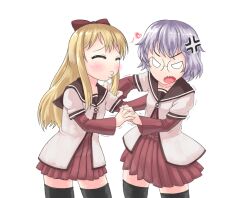  2girls :o anger_vein angry black_thighhighs blonde_hair bow commentary_request glasses grey_hair hairbow holding_hands ikeda_chizuru interlocked_fingers layered_sleeves long_hair long_sleeves multiple_girls nanamori_school_uniform open_mouth painttool_sai_(medium) puckered_lips s_ibane school_uniform serafuku sharp_teeth short_hair short_over_long_sleeves short_sleeves simple_background teeth thighhighs toshinou_kyouko v-shaped_eyebrows white_background yuru_yuri zettai_ryouiki 