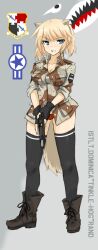  animal_ears bad_id bad_pixiv_id black_thighhighs blonde_hair blue_eyes boots breasts camouflage character_name cleavage commentary dakku_(ogitsune) desert_camouflage emblem female freckles full_body gun handgun jacket liberion m1911 medium_breasts military_jacket no_pants original panties photoshop_(medium) red_panties shark_nose_art sleeves_rolled_up solo standing strike_witches_1991 tail thighhighs twintails underwear uniform weapon world_witches_series 