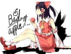  apple ascot bad_apple!! bare_shoulders black_hair bow commentary_request deanoia detached_sleeves female food fruit hair_tubes hairbow hakurei_reimu holding holding_food holding_fruit mary_janes profile red_bow red_eyes shoes short_hair sitting socks solo touhou 