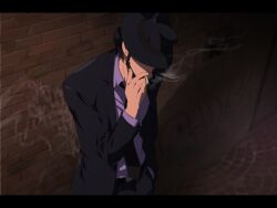  1boy bad_id bad_pixiv_id beard black_hair cigarette facial_hair formal hat jigen_daisuke letterboxed lupin_iii male_focus necktie shin&#039;ya_(midnight_rain) smoking solo suit wall 