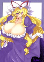  &gt;:) bad_id bad_pixiv_id blonde_hair blush border bow breasts character_name choker cleavage clothes_lift collarbone dress dress_lift elbow_gloves female frills gigantic_breasts gloves hair_ribbon hairbow hat hat_bow hat_ribbon highres long_hair looking_at_viewer puffy_short_sleeves puffy_sleeves purple_eyes ribbon seductive_smile short_sleeves smile solo touhou v-shaped_eyebrows very_long_hair white_gloves whoosaku yakumo_yukari 