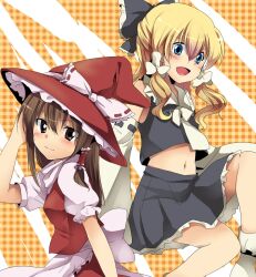  2girls alternate_color alternate_eye_color apron ascot bad_id bad_pixiv_id black_skirt blonde_hair blue_eyes blush bow brown_eyes brown_hair checkered_background cosplay costume_switch detached_sleeves hair_tubes hairbow hakurei_reimu hakurei_reimu_(cosplay) hand_on_headwear hat hat_ribbon kirisame_marisa kirisame_marisa_(cosplay) lace lace-trimmed_skirt lace_trim marimo_danshaku midriff miniskirt multiple_girls navel oerba_yun_fang open_mouth red_skirt ribbon shirt skirt skirt_set smile touhou white_sleeves witch_hat 