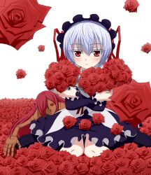  aq_interactive arcana_heart atlus blush dress examu flower frown gothic_lolita lieselotte_achenbach lolita_fashion red_eyes rose sitting yanagi_kawa yanagiyahonnpo 