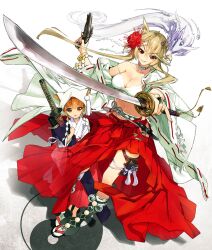  animal_ears antique_firearm blonde_hair bracelet breasts choker cleavage collarbone firearm firelock flower foreshortening fox_ears gun hair_flower hair_ornament hakama handgun highres holster japanese_clothes jewelry katana long_hair long_sleeves medium_breasts midriff miko multiple_girls navel no_nose orange_eyes orange_hair original pinky_out pistol red_eyes red_hakama ring sanbasou sheath sheathed short_hair smile spider_lily spirit strap_slip sword tabi thigh_holster transparent weapon wide_sleeves yin_yang 