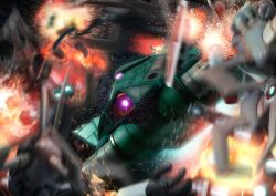  ball_(gundam) battle bigro commentary_request dutch_angle explosion gundam mecha mobile_suit_gundam no_humans photoshop_(medium) robographer robot shield space 