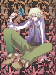  1boy bad_id bad_pixiv_id blonde_hair boots hinatsu ivan_karelin jacket letterman_jacket male_focus photoshop_(medium) pinwheel purple_eyes purple_jacket sitting solo tiger_&amp;_bunny 