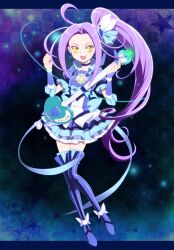  :d ahoge aqua_skirt back_bow bad_id bad_pixiv_id blue_background blue_choker blue_footwear blue_theme blue_thighhighs boots bow brooch choker cure_beat dress earrings eyelashes female frills full_body g-clef_(suite_precure) gathers guitar hair_ornament hair_ribbon hairpin happy heart highres instrument jewelry kurokawa_eren layered_skirt letterboxed long_hair love_guitar_rod magical_girl miniskirt open_mouth parted_bangs pleated_skirt precure purple_hair ribbon seiren_(suite_precure) side_ponytail skirt smile solo souma_kira star_(symbol) suite_precure thigh_boots thighhighs wrist_cuffs yellow_eyes zettai_ryouiki 