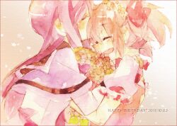  2girls akemi_homura akemi_homura_(magical_girl) blush closed_eyes commentary_request flower happy happy_birthday hug kaname_madoka kaname_madoka_(magical_girl) kissing kissing_forehead magical_girl mahou_shoujo_madoka_magica mahou_shoujo_madoka_magica_(anime) multiple_girls photoshop_(medium) smile sorato_(astllatte) upper_body 