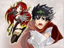  1boy black_eyes black_hair cape couple female gloves hair_ornament horns long_hair maou_(maoyuu) maoyuu_maou_yuusha open_mouth red_eyes red_hair sword thighhighs weapon yuusha_(maoyuu) 