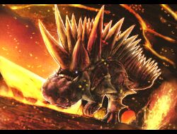  bad_id bad_pixiv_id commentary_request fangs glowing glowing_eyes highres lava letterboxed monster monster_hunter_(series) monster_hunter_3 no_humans solo spikes teeth uragaan volcano white_eyes yoshida_hideyuki 