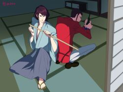  2boys arsene_lupin_iii bad_deviantart_id bad_id black_hair formal gun ishikawa_goemon_xiii jacket japanese_clothes lupin_iii male_focus multiple_boys red_jacket shin&#039;ya_(midnight_rain) sideburns squatting suit sword weapon 